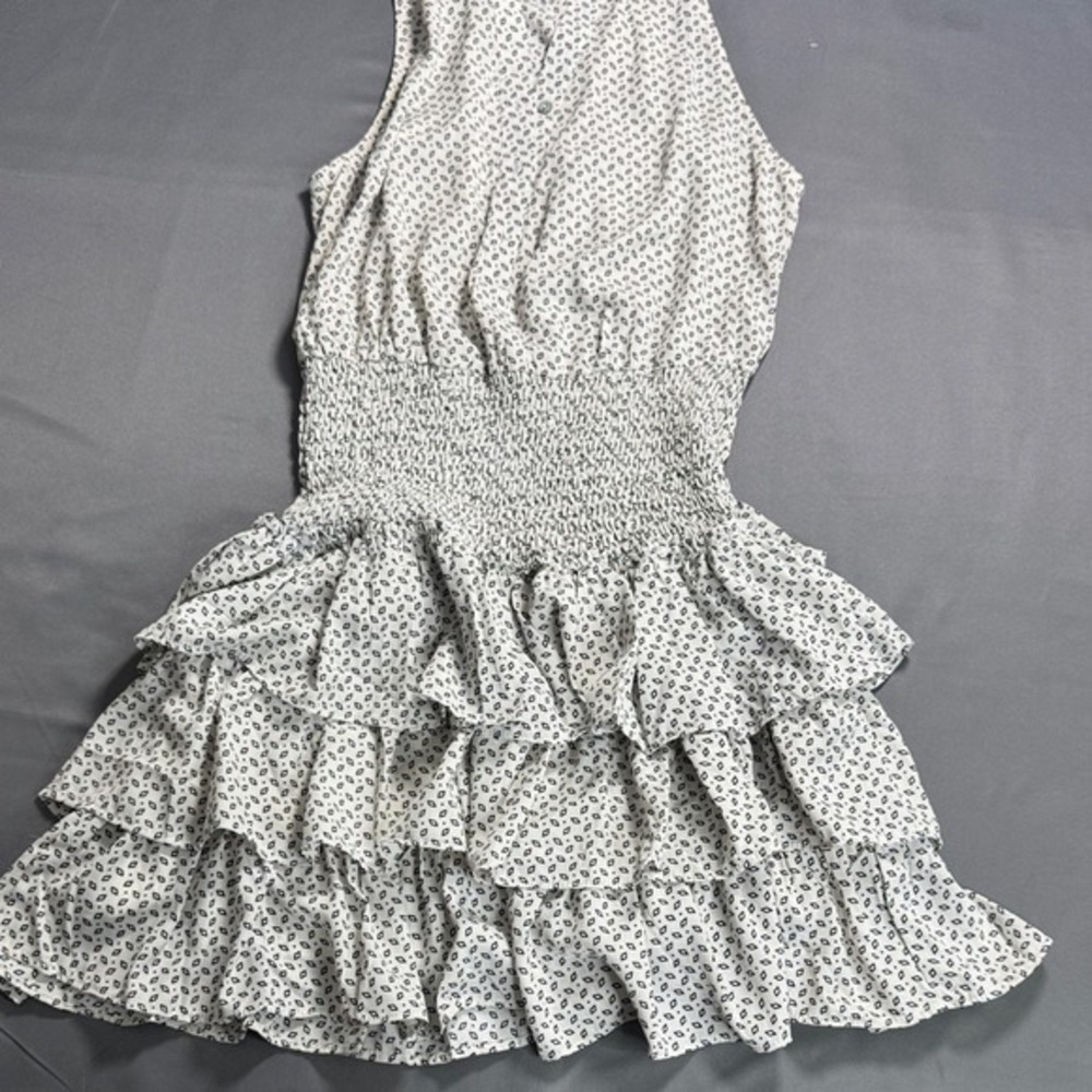 She + Sky Sleeveless Smocked Waist Tiered Ruffle Mini Dress White Black L